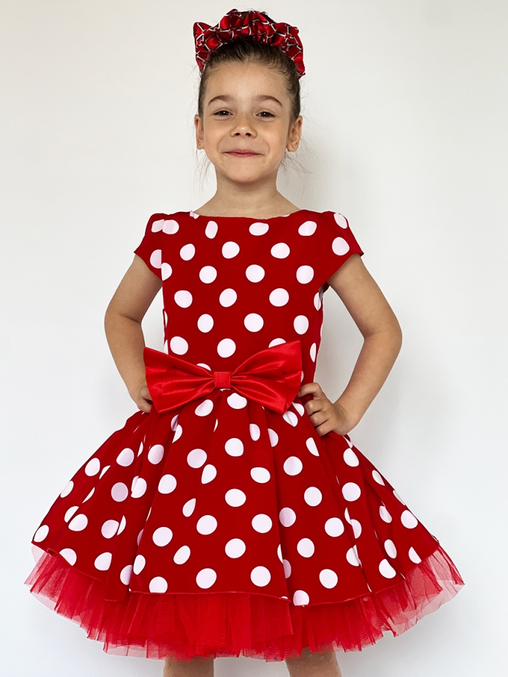 Платье для девочки нарядное БУШОН ST44, стиляги, цвет красный, принт горошек 