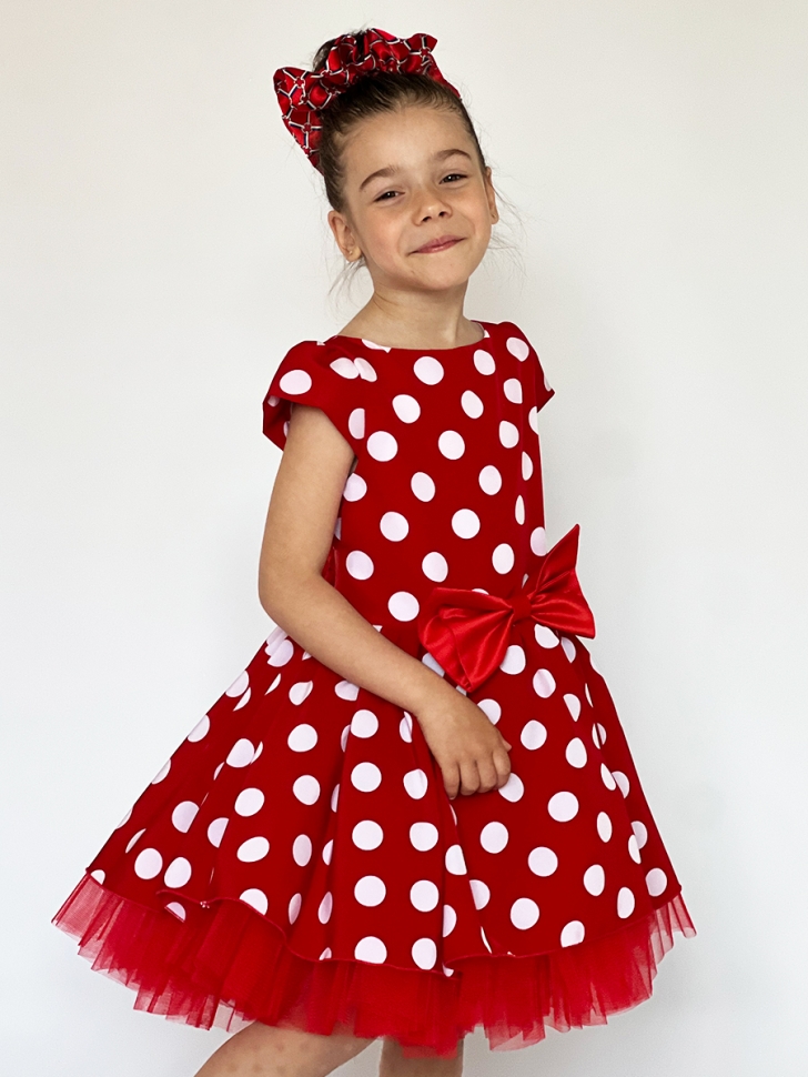 Платье для девочки нарядное БУШОН ST44, стиляги, цвет красный, принт горошек 