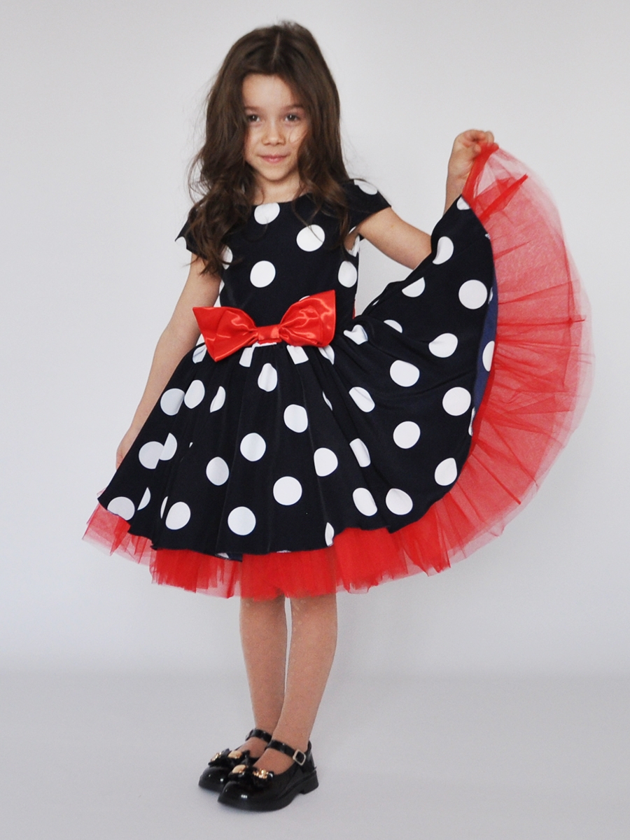 Платье для девочки нарядное БУШОН ST44, стиляги, цвет темно-синий, принт крупный горох 