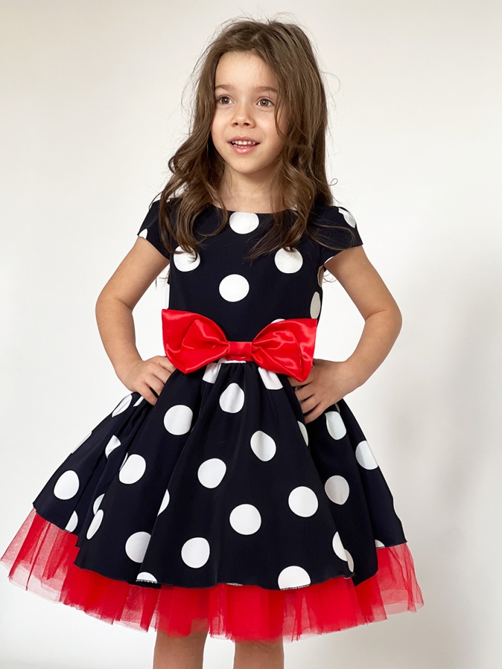 Платье для девочки нарядное БУШОН ST44, стиляги, цвет темно-синий, принт крупный горох 