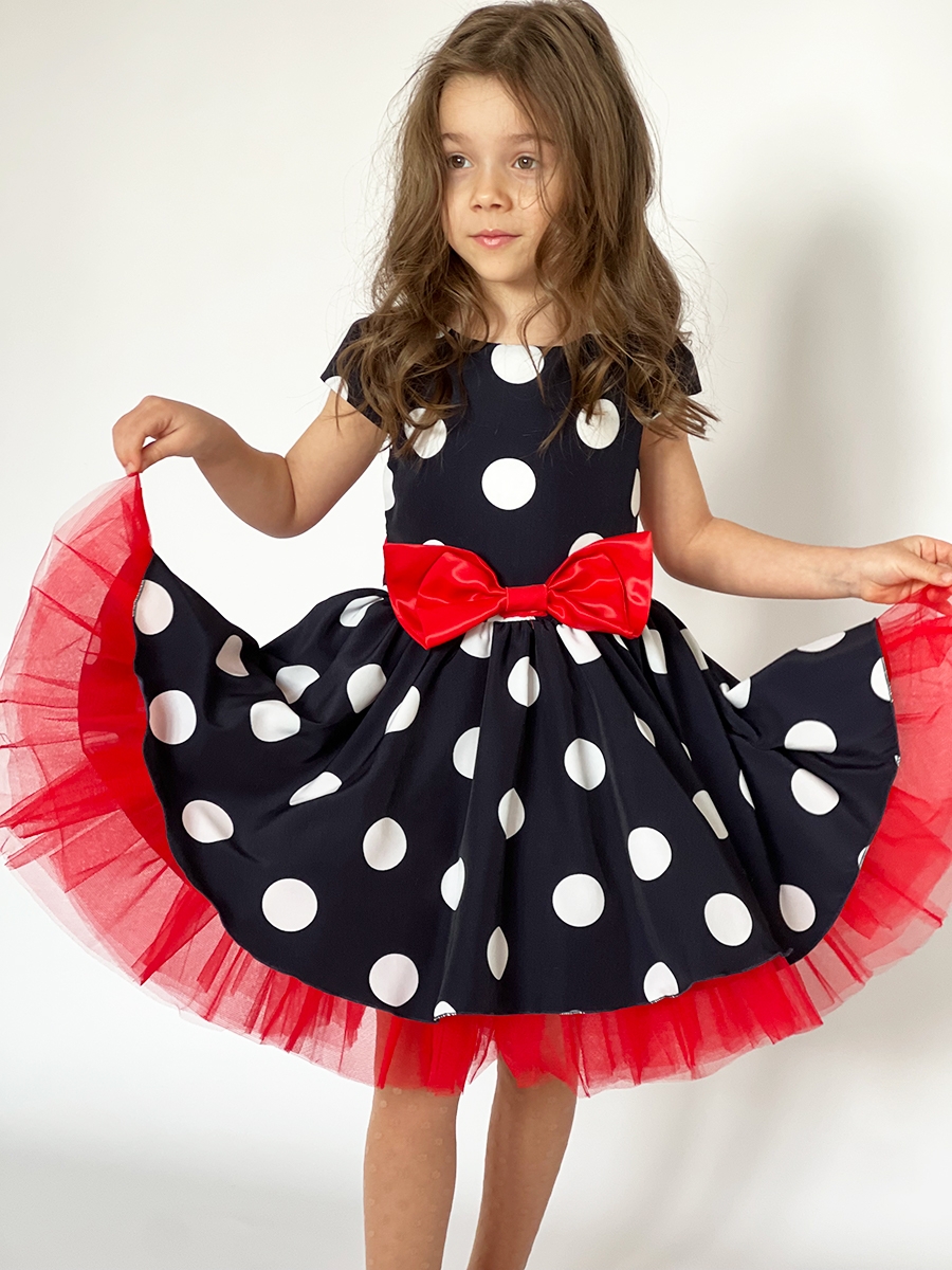 Платье для девочки нарядное БУШОН ST44, стиляги, цвет темно-синий, принт крупный горох 