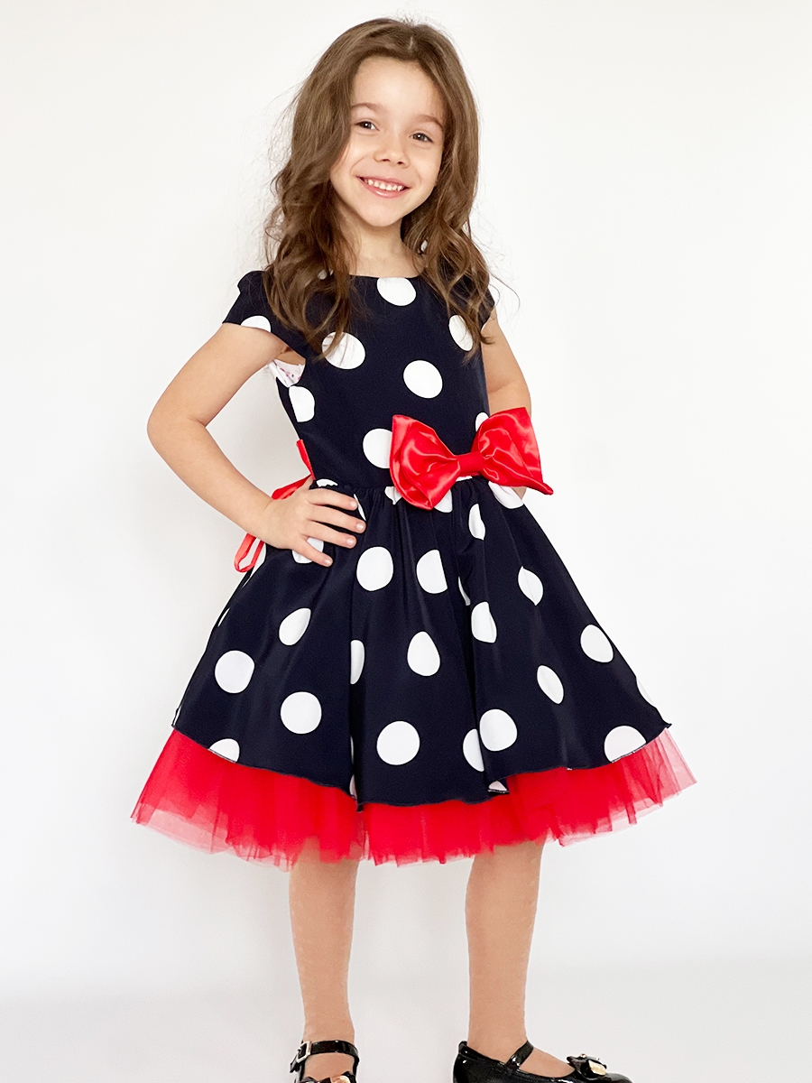 Платье для девочки нарядное БУШОН ST44, стиляги, цвет темно-синий, принт крупный горох 