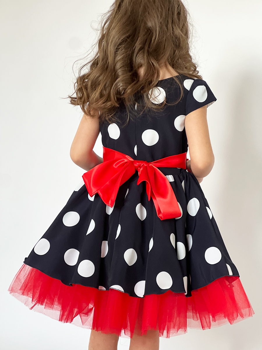 Платье для девочки нарядное БУШОН ST44, стиляги, цвет темно-синий, принт крупный горох 