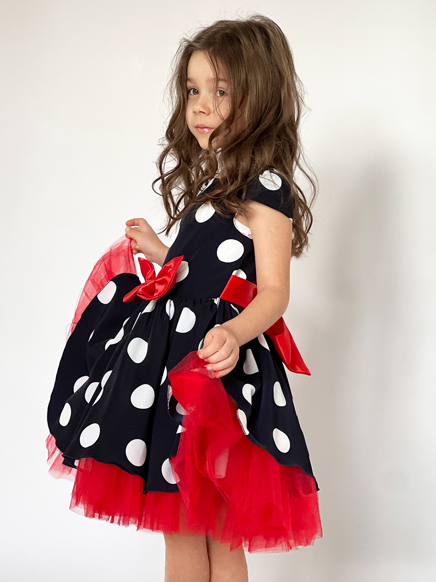 Платье для девочки нарядное БУШОН ST44, стиляги, цвет темно-синий, принт крупный горох 