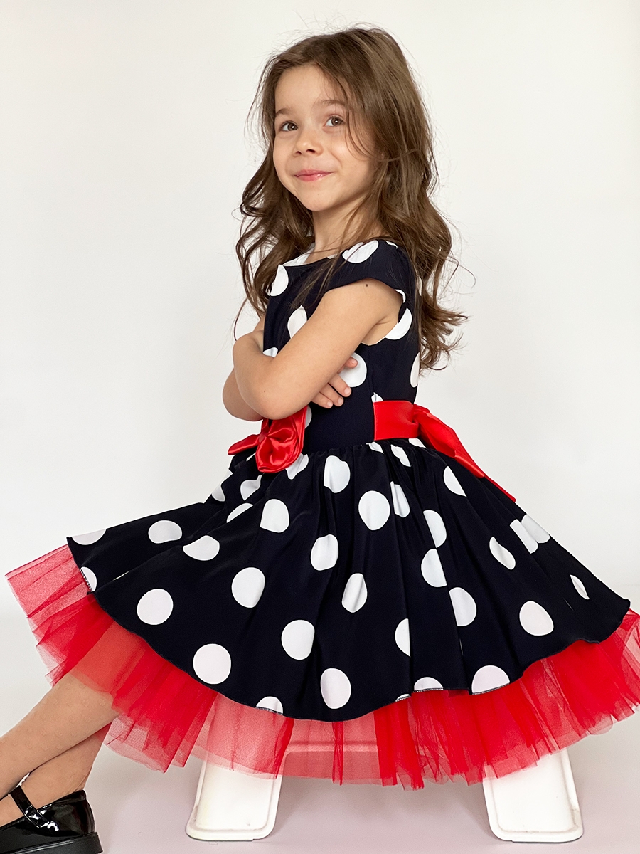 Платье для девочки нарядное БУШОН ST44, стиляги, цвет темно-синий, принт крупный горох 