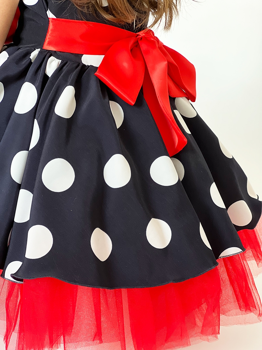 Платье для девочки нарядное БУШОН ST44, стиляги, цвет темно-синий, принт крупный горох 