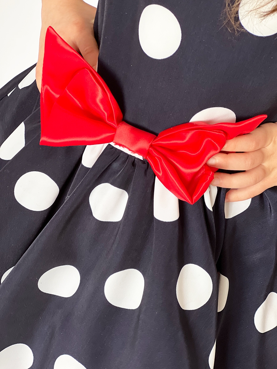 Платье для девочки нарядное БУШОН ST44, стиляги, цвет темно-синий, принт крупный горох 