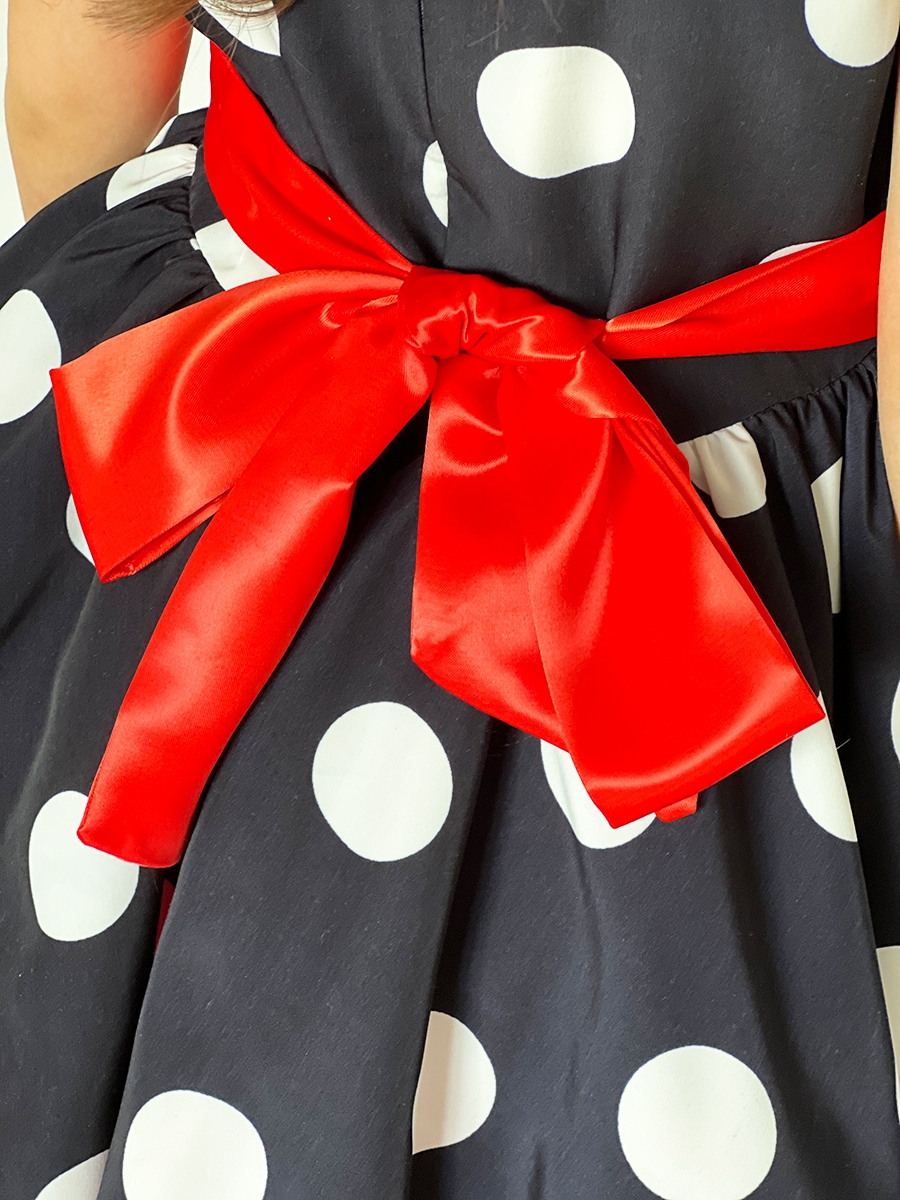 Платье для девочки нарядное БУШОН ST44, стиляги, цвет темно-синий, принт крупный горох 