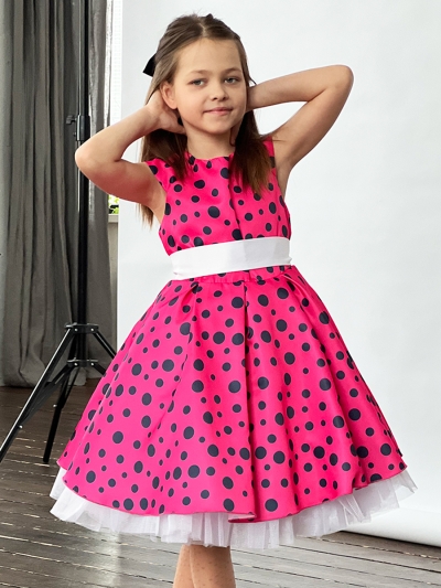 Платье для девочки нарядное БУШОН ST10, стиляги цвет малиновый, белый пояс, принт горошек