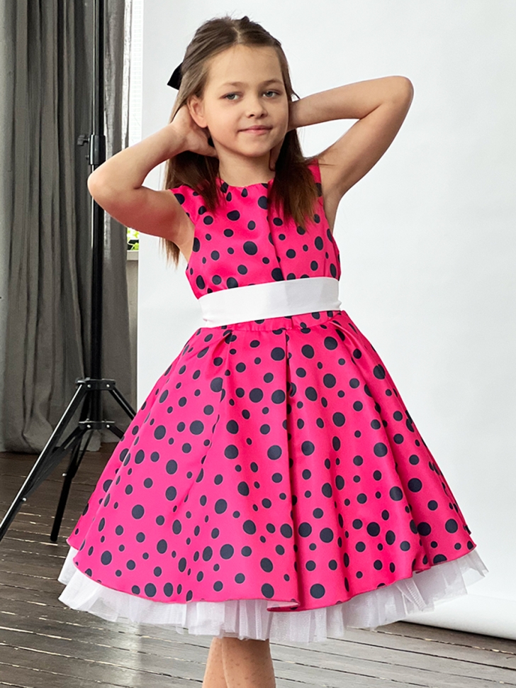 Платье для девочки нарядное БУШОН ST10, стиляги цвет малиновый, белый пояс, принт горошек