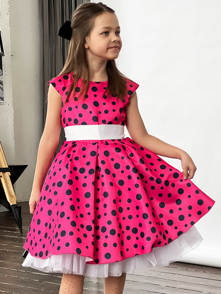 Платье для девочки нарядное БУШОН ST10, стиляги цвет малиновый, белый пояс, принт горошек