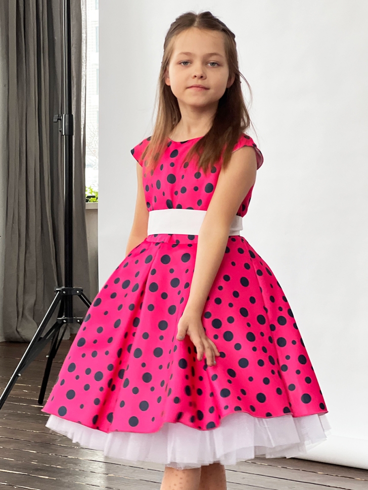 Платье для девочки нарядное БУШОН ST10, стиляги цвет малиновый, белый пояс, принт горошек