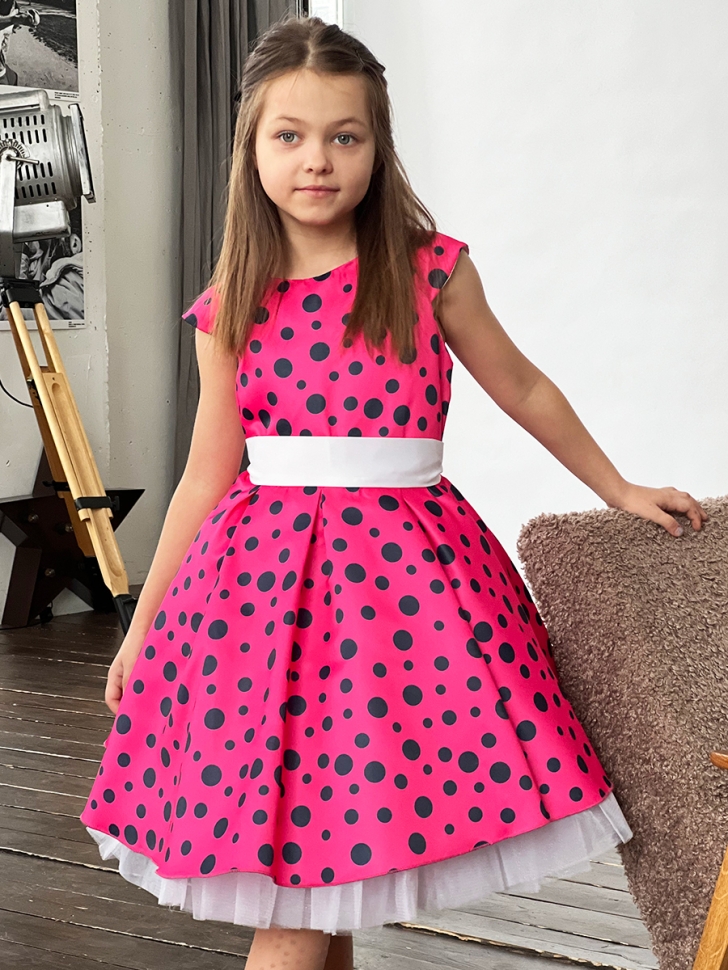 Платье для девочки нарядное БУШОН ST10, стиляги цвет малиновый, белый пояс, принт горошек