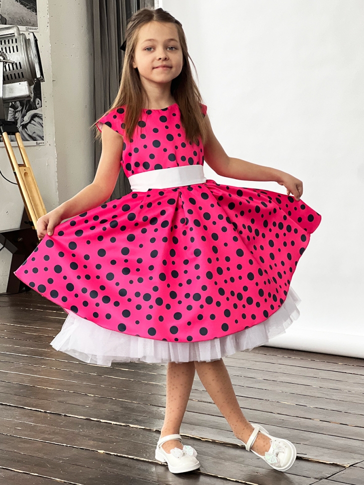 Платье для девочки нарядное БУШОН ST10, стиляги цвет малиновый, белый пояс, принт горошек