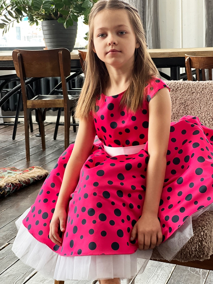 Платье для девочки нарядное БУШОН ST10, стиляги цвет малиновый, белый пояс, принт горошек