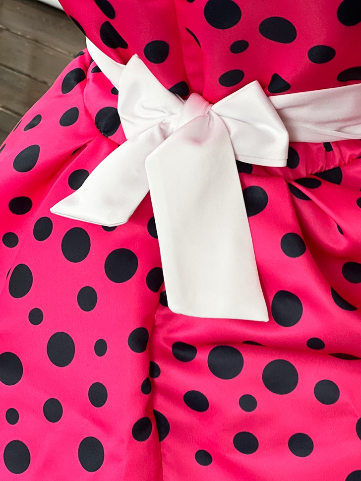 Платье для девочки нарядное БУШОН ST10, стиляги цвет малиновый, белый пояс, принт горошек