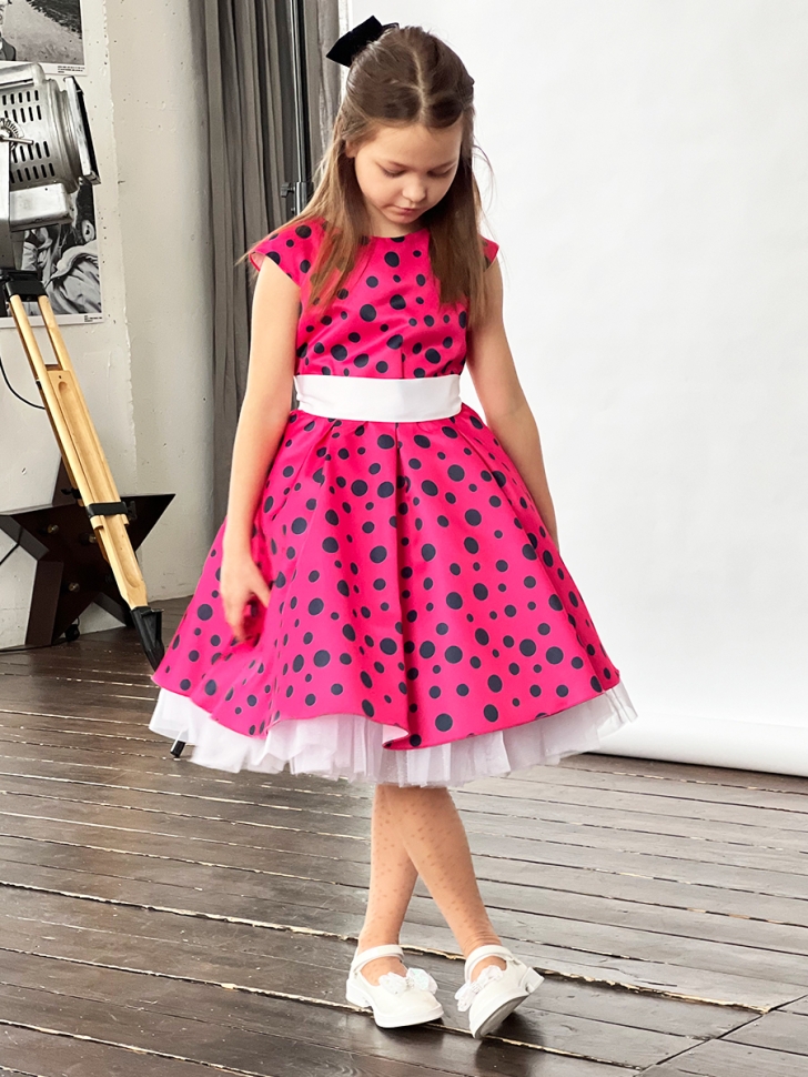 Платье для девочки нарядное БУШОН ST10, стиляги цвет малиновый, белый пояс, принт горошек