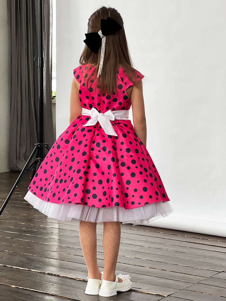 Платье для девочки нарядное БУШОН ST10, стиляги цвет малиновый, белый пояс, принт горошек