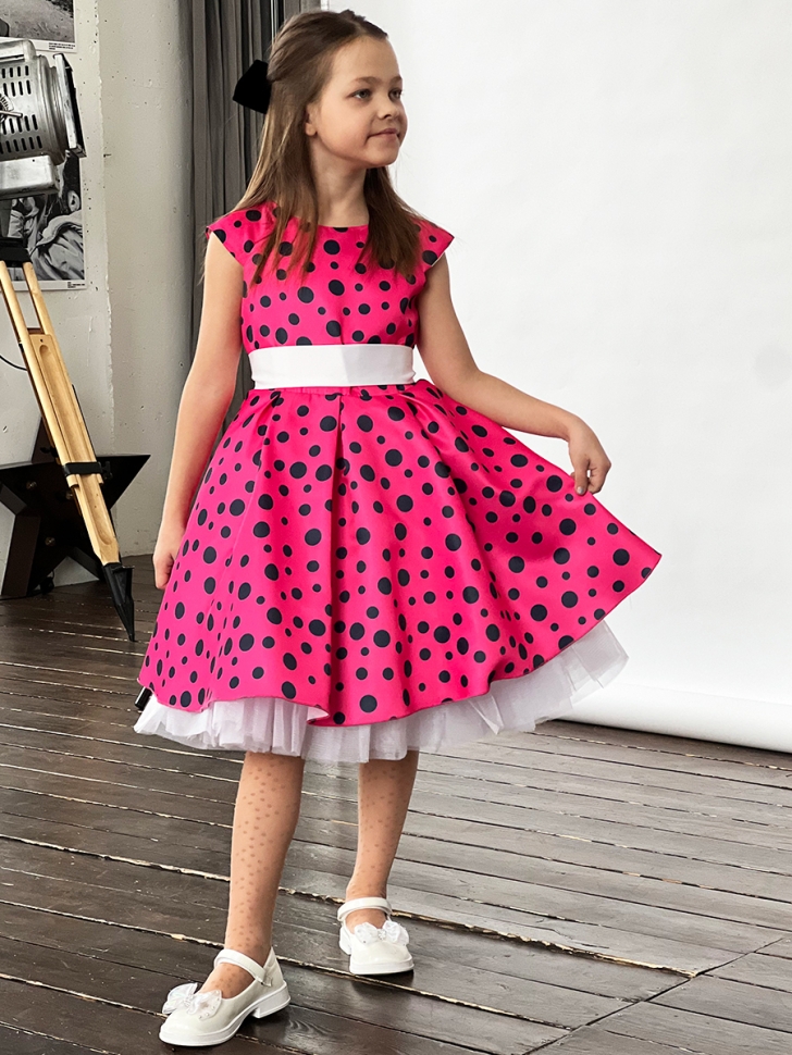 Платье для девочки нарядное БУШОН ST10, стиляги цвет малиновый, белый пояс, принт горошек