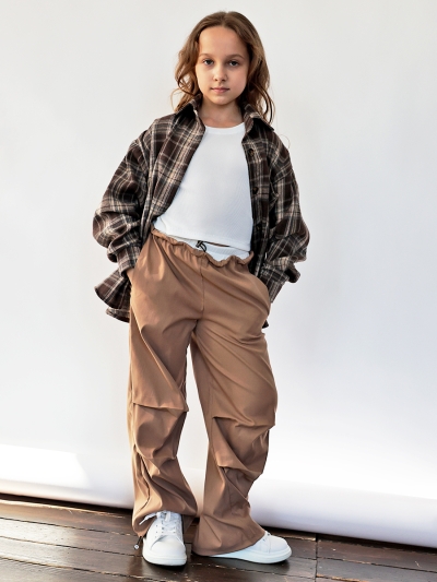 Комплект Рубашка, майка, брюки для девочки БУШОН, цвет темно-коричневый клетка