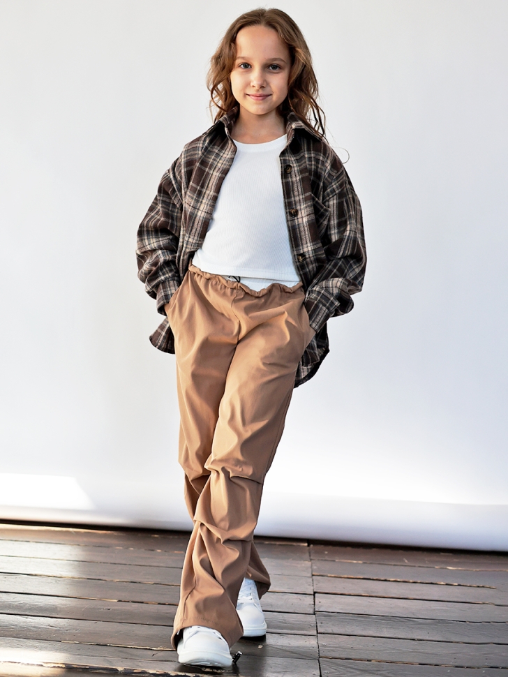 Комплект Рубашка, майка, брюки для девочки БУШОН, цвет темно-коричневый клетка