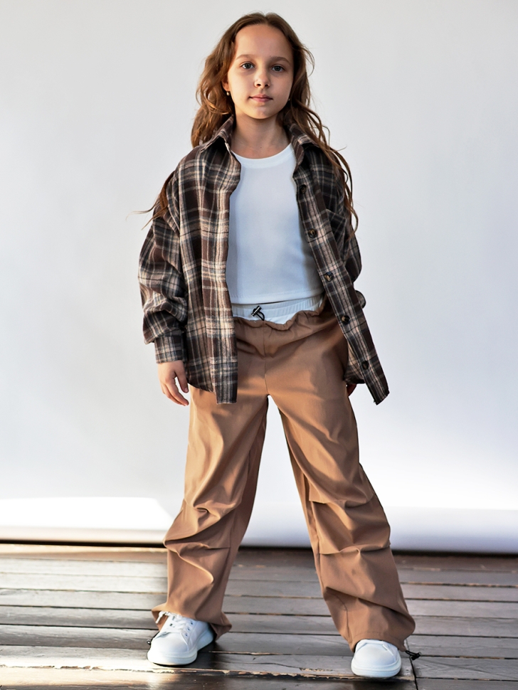 Комплект Рубашка, майка, брюки для девочки БУШОН, цвет темно-коричневый клетка