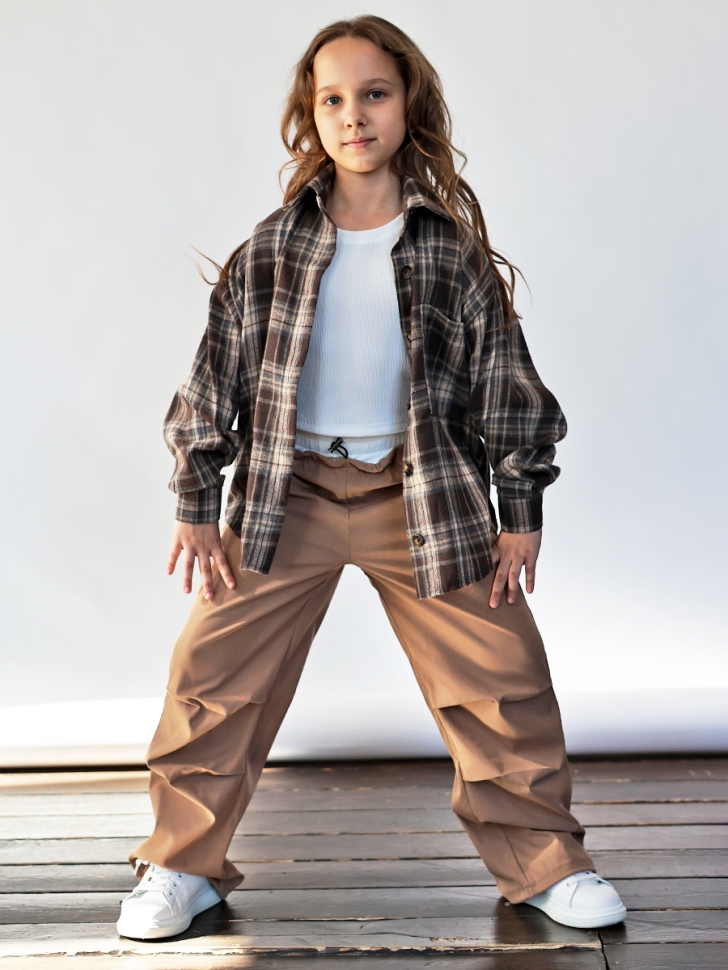 Комплект Рубашка, майка, брюки для девочки БУШОН, цвет темно-коричневый клетка