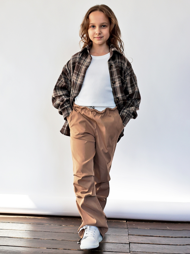 Комплект Рубашка, майка, брюки для девочки БУШОН, цвет темно-коричневый клетка