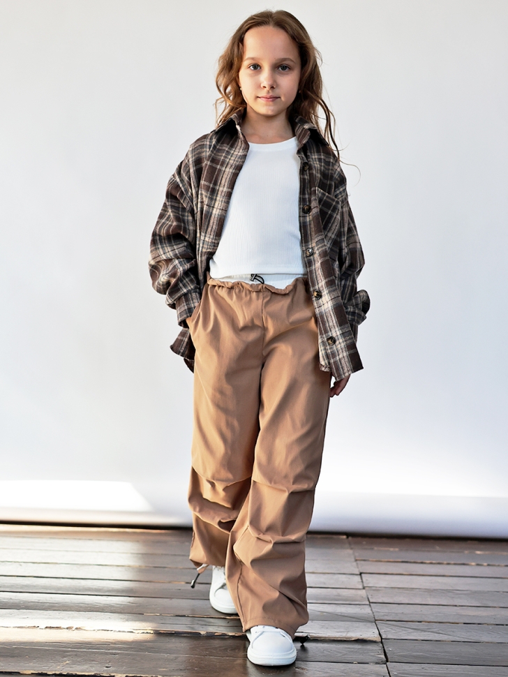 Комплект Рубашка, майка, брюки для девочки БУШОН, цвет темно-коричневый клетка