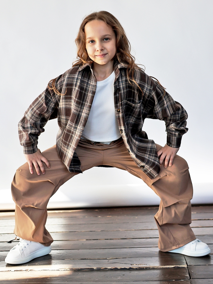 Комплект Рубашка, майка, брюки для девочки БУШОН, цвет темно-коричневый клетка