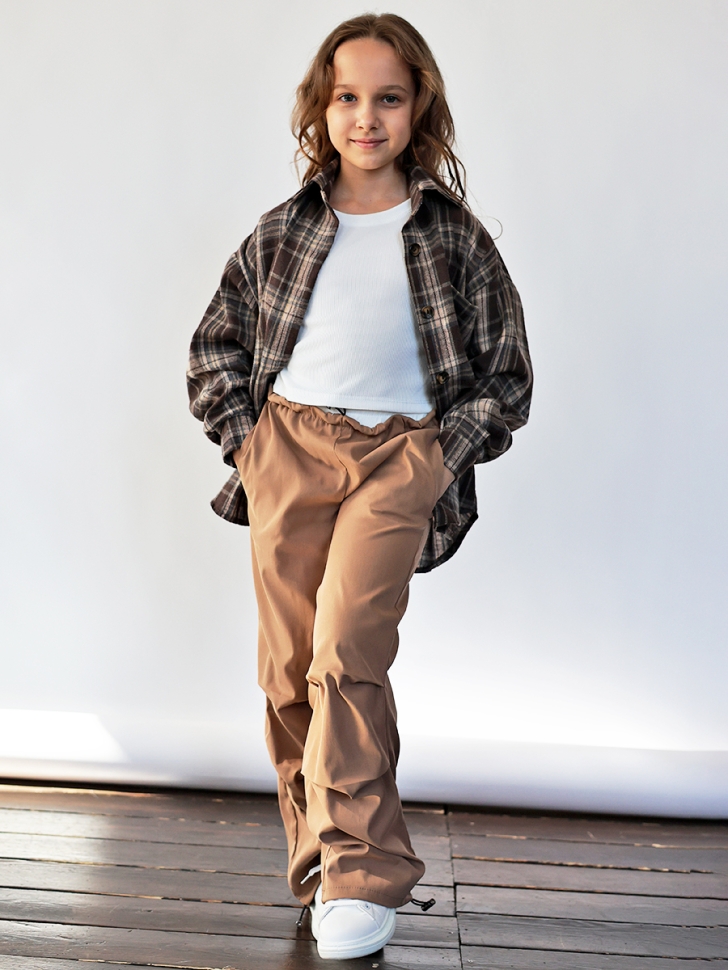 Комплект Рубашка, майка, брюки для девочки БУШОН, цвет темно-коричневый клетка