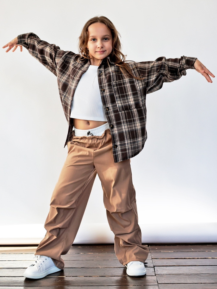 Комплект Рубашка, майка, брюки для девочки БУШОН, цвет темно-коричневый клетка