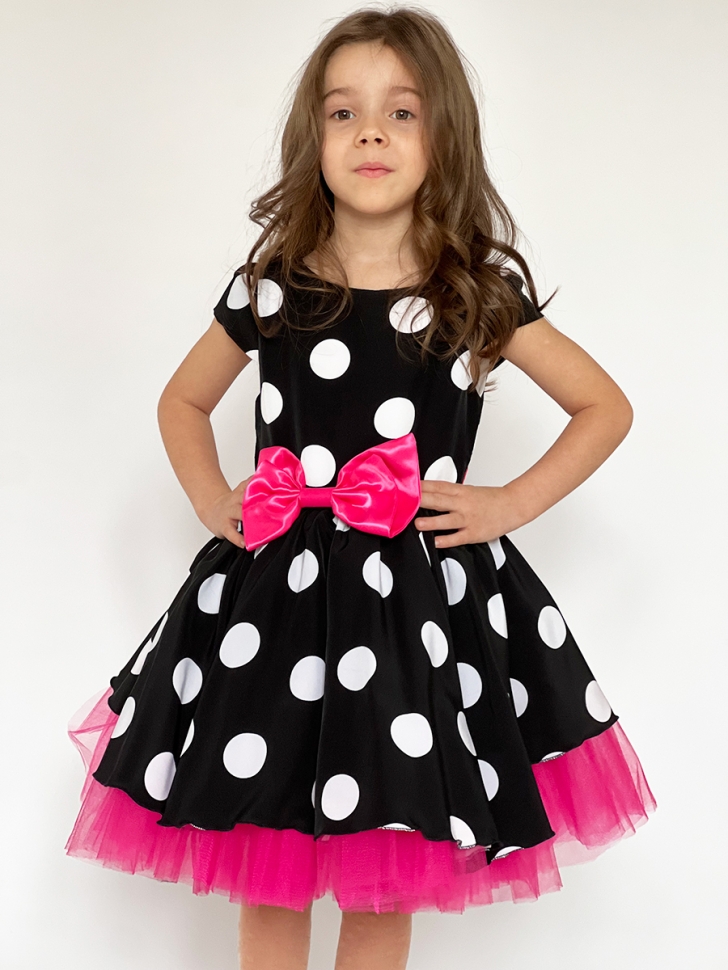 Платье для девочки нарядное БУШОН ST44, стиляги, цвет черный, принт крупный горох 