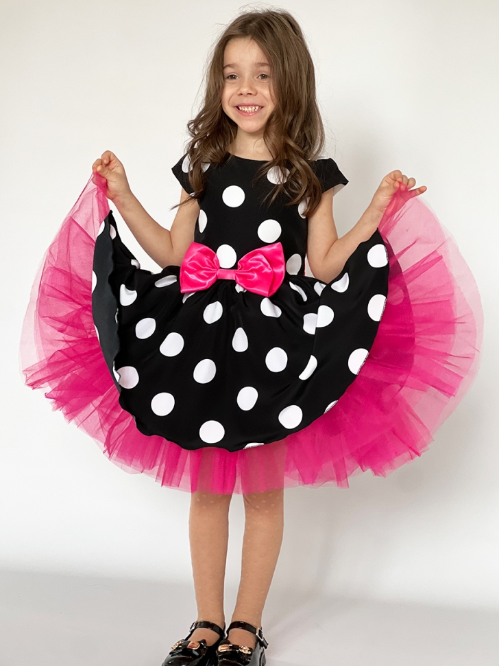 Платье для девочки нарядное БУШОН ST44, стиляги, цвет черный, принт крупный горох 