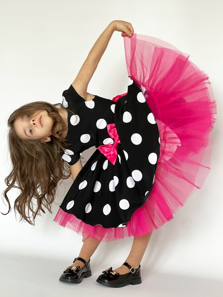 Платье для девочки нарядное БУШОН ST44, стиляги, цвет черный, принт крупный горох 