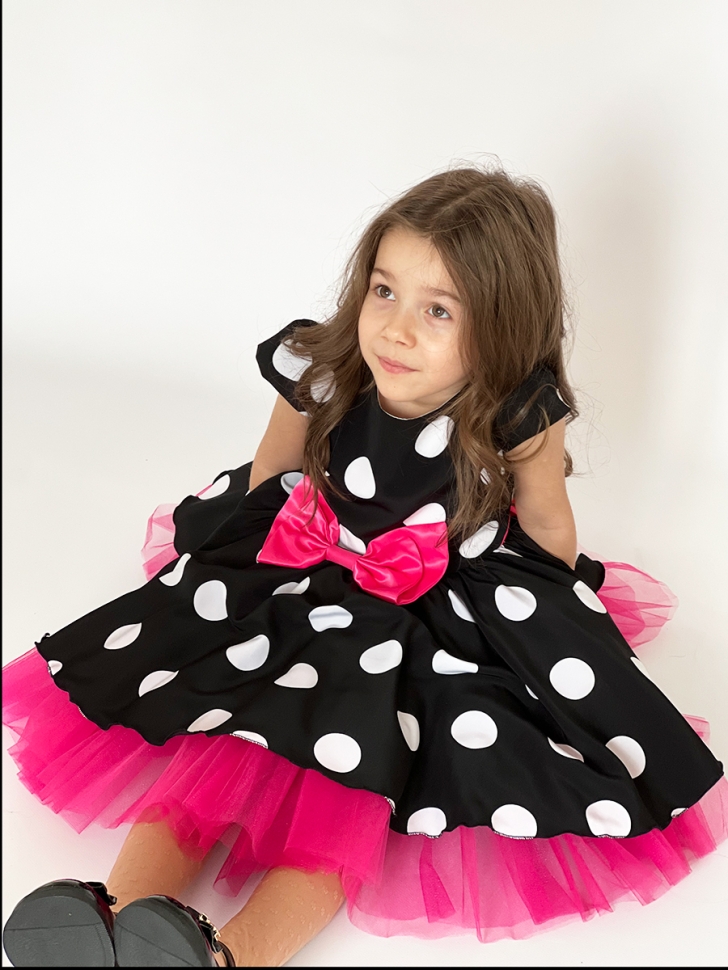 Платье для девочки нарядное БУШОН ST44, стиляги, цвет черный, принт крупный горох 