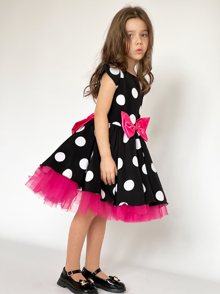 Платье для девочки нарядное БУШОН ST44, стиляги, цвет черный, принт крупный горох 