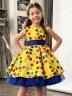 Платье для девочки нарядное БУШОН ST10, стиляги цвет желтый, синий пояс, принт горошек 
