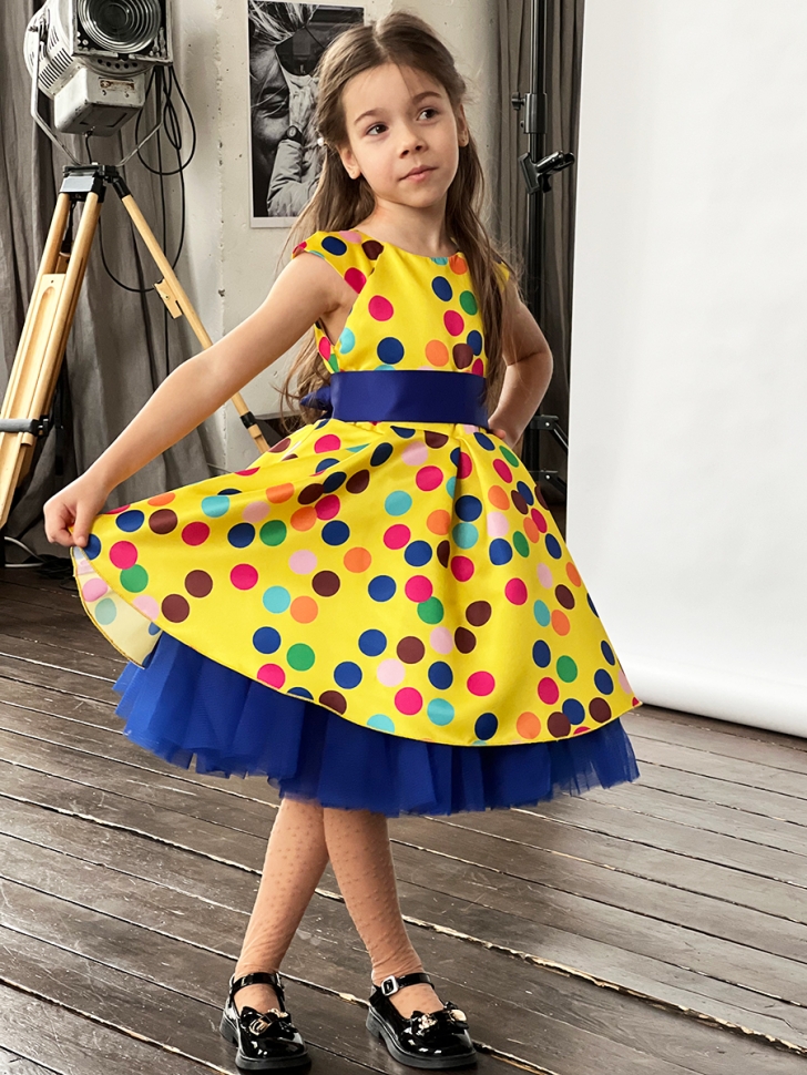 Платье для девочки нарядное БУШОН ST10, стиляги цвет желтый, синий пояс, принт горошек 