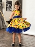 Платье для девочки нарядное БУШОН ST10, стиляги цвет желтый, синий пояс, принт горошек 