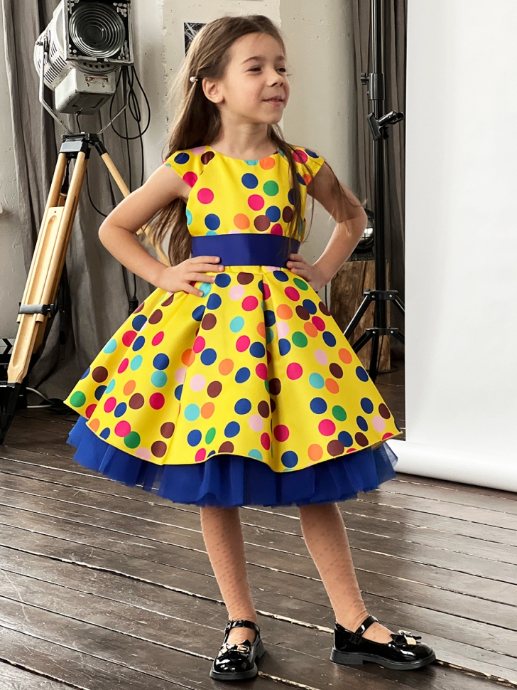 Платье для девочки нарядное БУШОН ST10, стиляги цвет желтый, синий пояс, принт горошек 