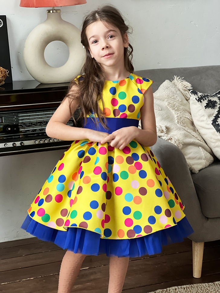 Платье для девочки нарядное БУШОН ST10, стиляги цвет желтый, синий пояс, принт горошек 