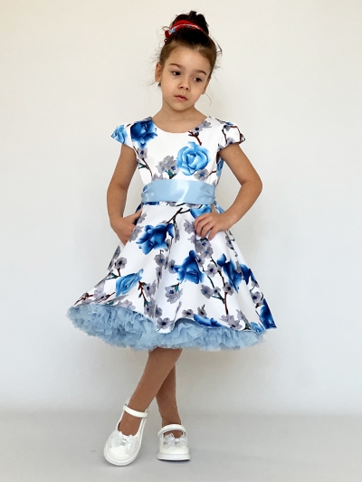Платье для девочки нарядное БУШОН ST30, стиляги, цвет голубой цветы