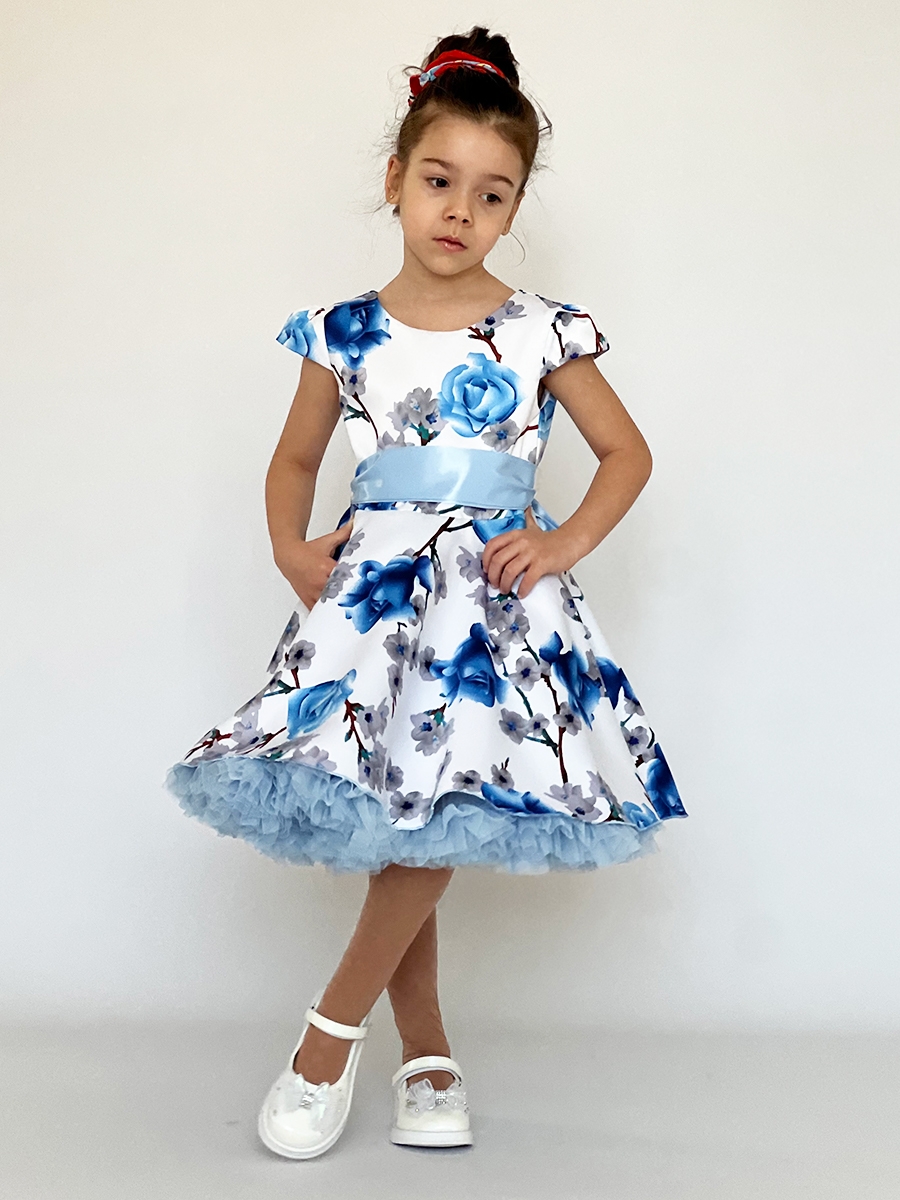 Платье для девочки нарядное БУШОН ST30, стиляги, цвет голубой цветы 