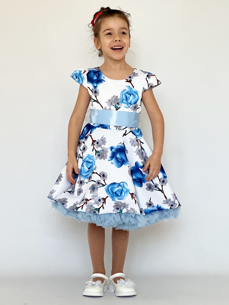Платье для девочки нарядное БУШОН ST30, стиляги, цвет голубой цветы 
