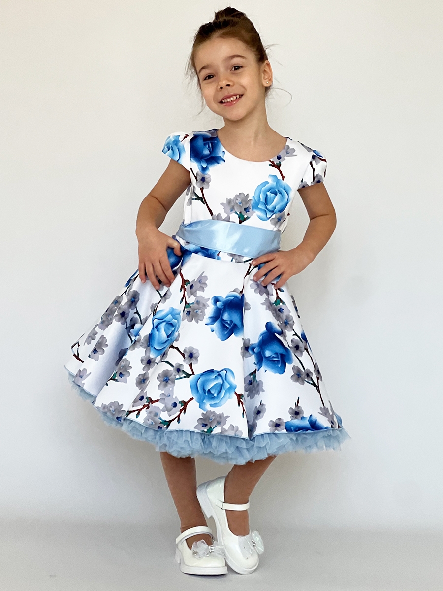 Платье для девочки нарядное БУШОН ST30, стиляги, цвет голубой цветы 