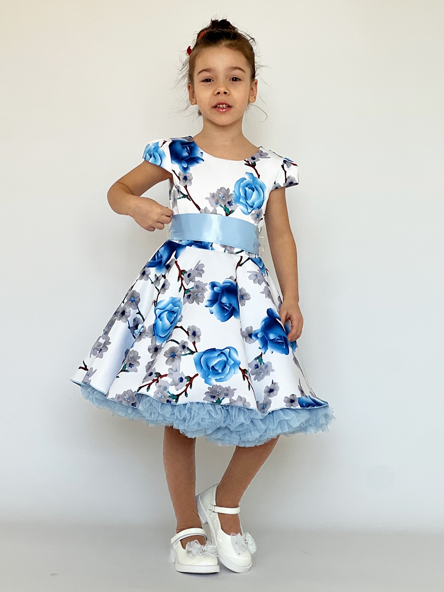 Платье для девочки нарядное БУШОН ST30, стиляги, цвет голубой цветы 