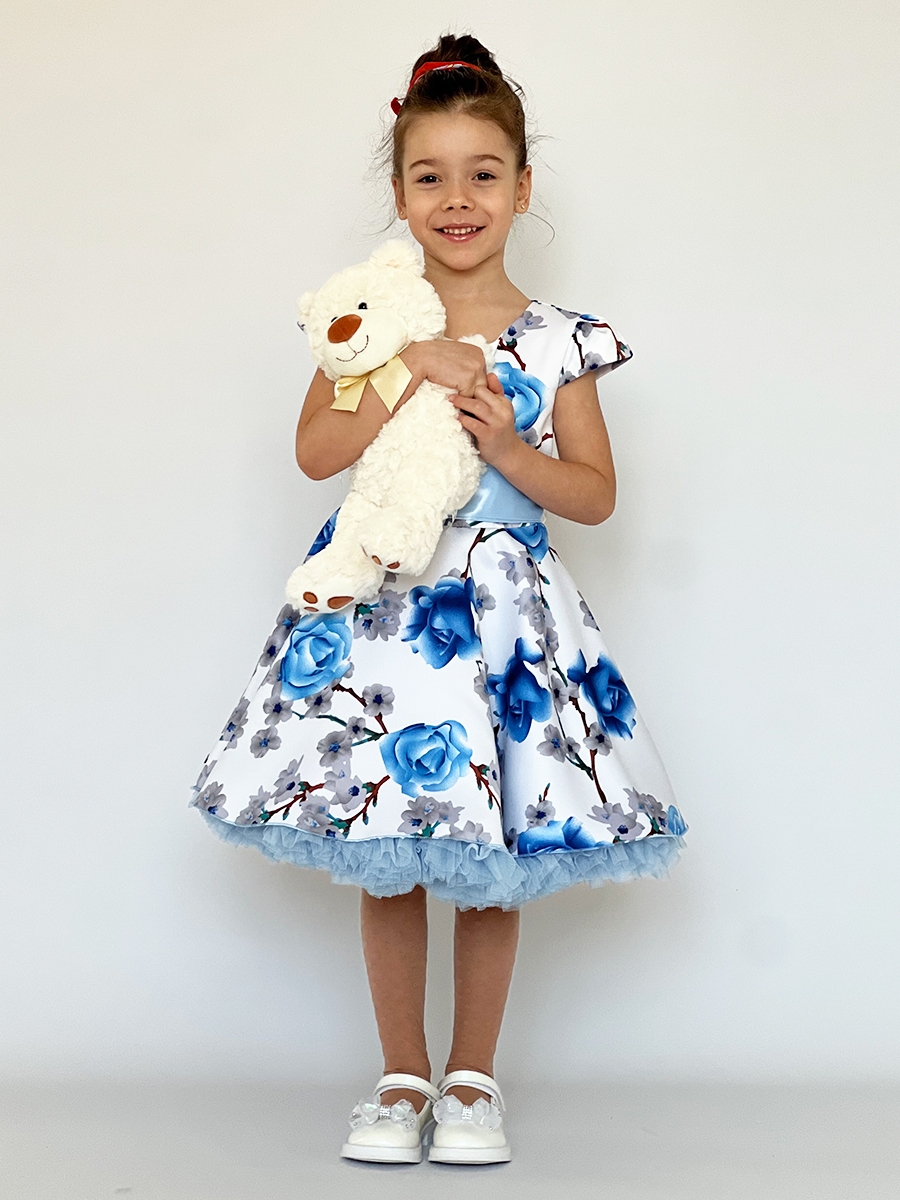 Платье для девочки нарядное БУШОН ST30, стиляги, цвет голубой цветы 