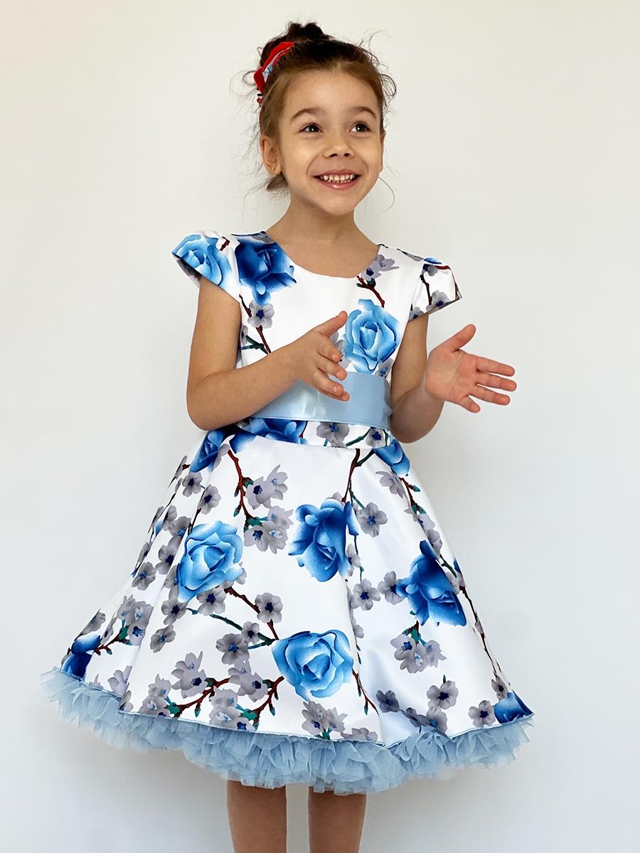 Платье для девочки нарядное БУШОН ST30, стиляги, цвет голубой цветы 