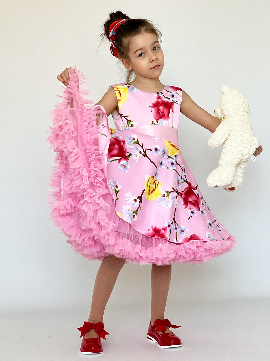 Платье для девочки нарядное БУШОН ST30, стиляги, цвет розовый цветы 